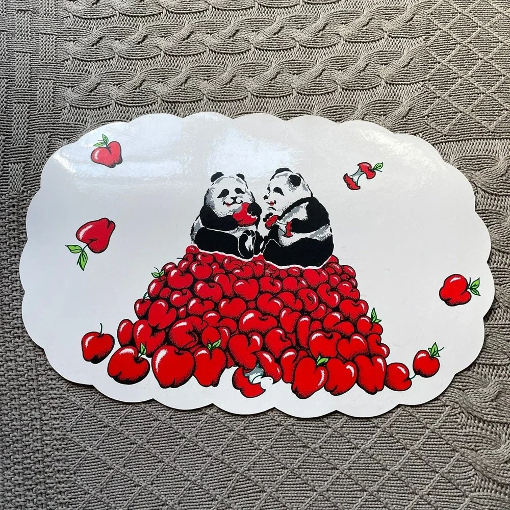 Vintage 70s Funky Panda & Apples Scalloped Vinyl Placemats